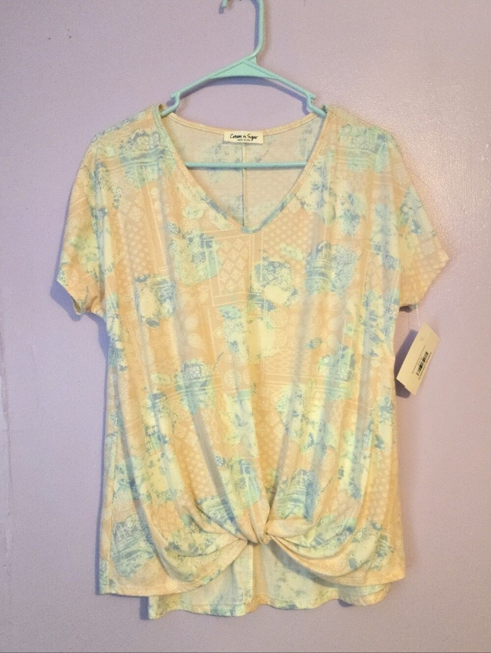 Pink-Blue Small V-Neck Twist Front Tee